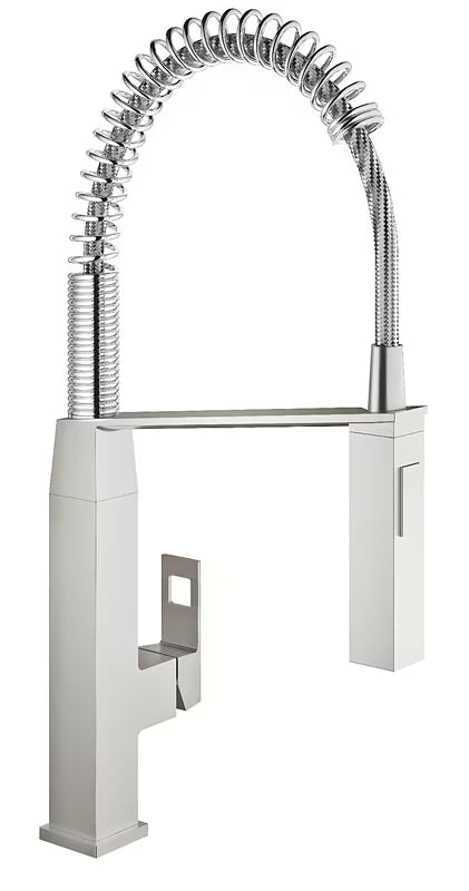 Enoročna stoječa armatura za pomivalno korito Grohe Eurocube z vrtljivim izlivom v izvedbi supersteel.