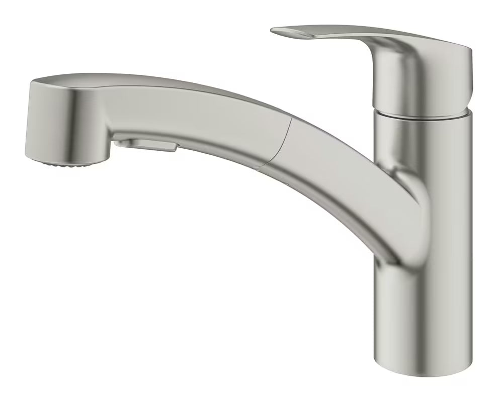 Enoročna stoječa armatura za pomivalno korito Grohe Eurosmart New v izvedbi supersteel z vrtljivim izlivom.