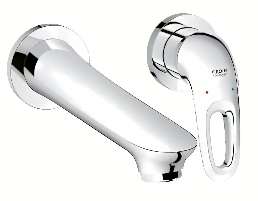 Kromirana podometna armatura za umivalnik Grohe Eurostyle New pro za dvovrtinsko stensko montažo.