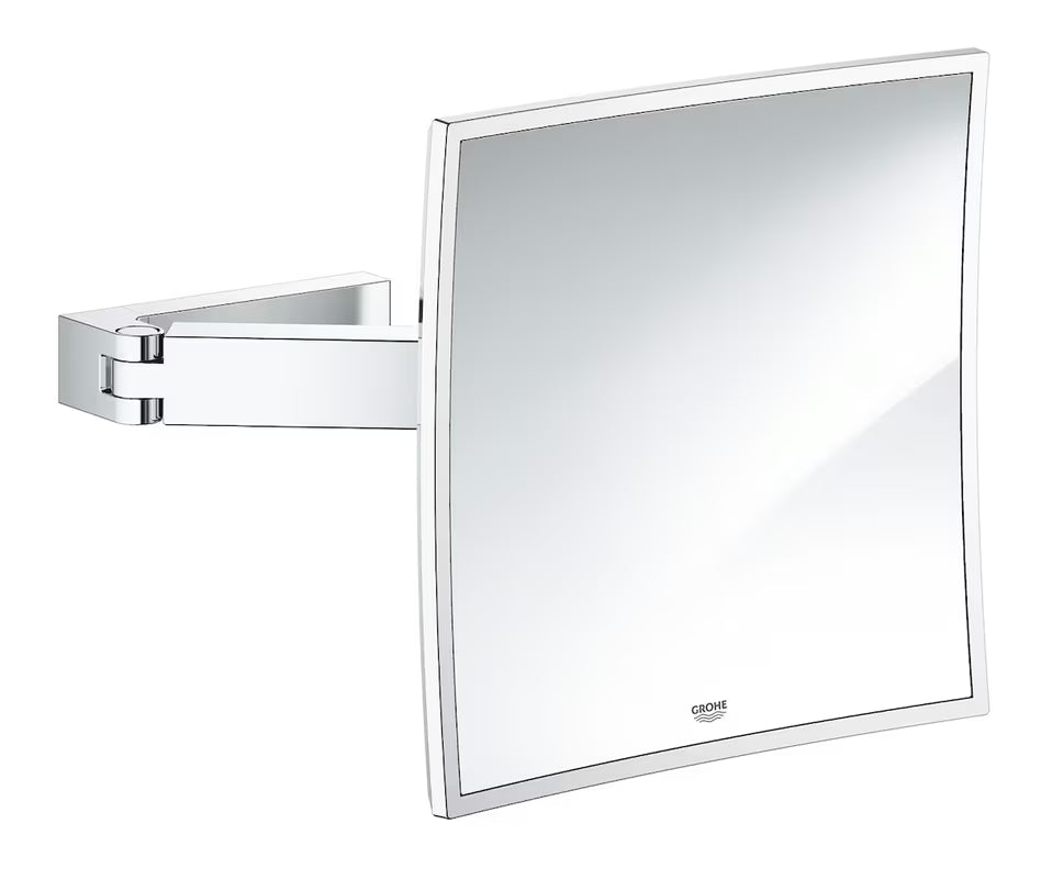 Kozmetično ogledalo Grohe Selection Cube v kromu s 3-kratno povečavo in stensko montažo s skritim pritrjevanjem.