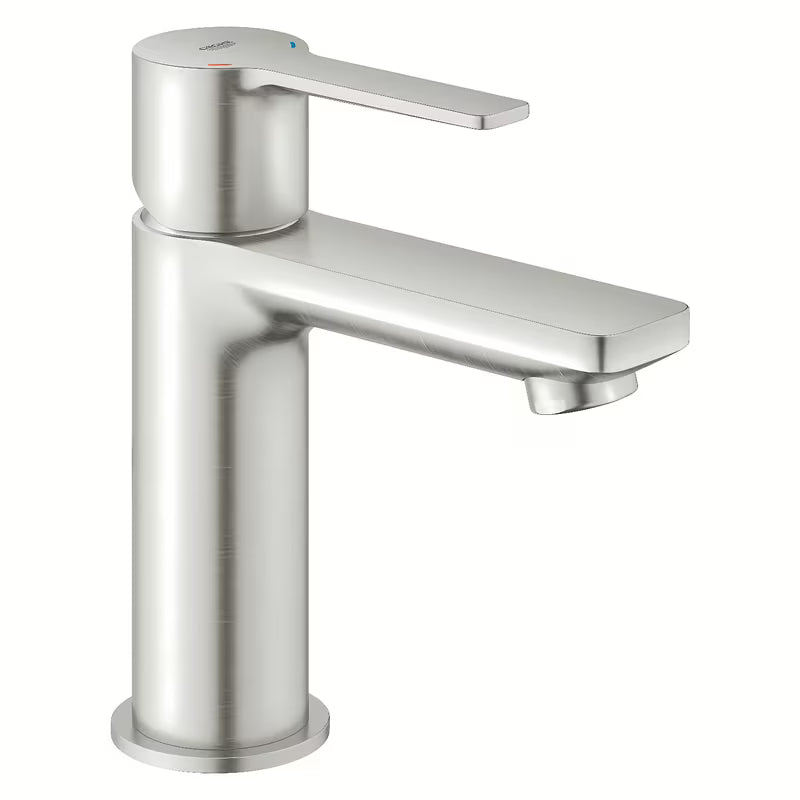 Umivalniška enoročna armatura Grohe Lineare v izvedbi supersteel s click-clack-odtokom in s kratkim izlivom