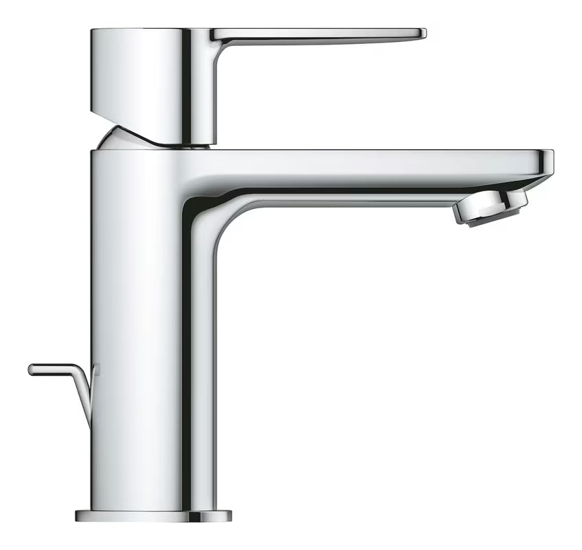 Kromirana enoročna armatura za umivalnik Grohe Lineare s kratkim izlivom in odtočnim kompletom.