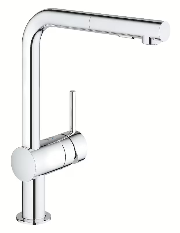 Kromirana armatura za pomivalno korito Grohe Minta z visokim L-izlivom in izvlečno prho