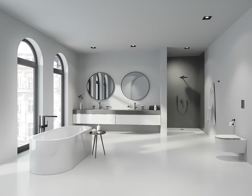 Podometna pršna in armatura za kad Grohe Plus v izvedbi krtačeni Hard Graphite s 3-smernim preklopnikom.