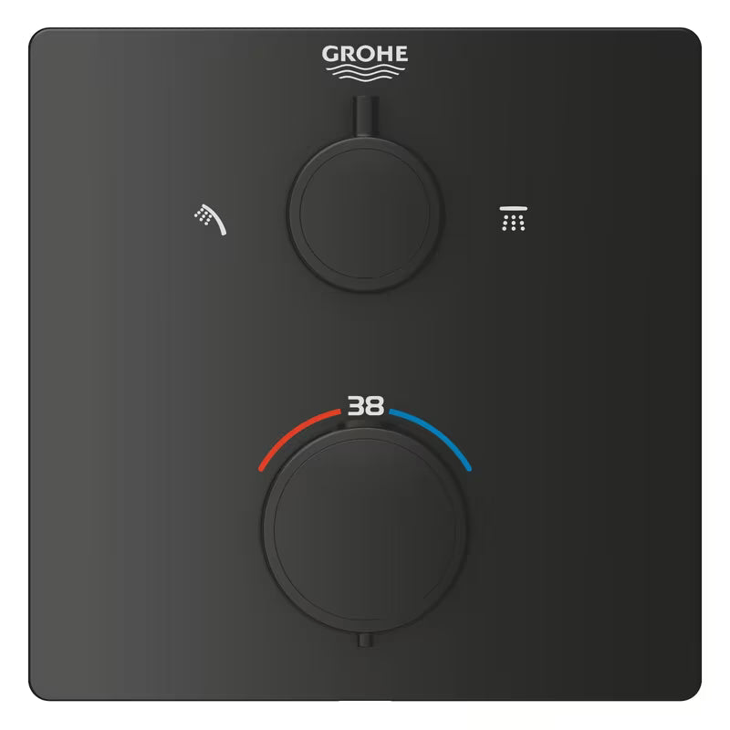 Podometni tušni sistem Grohe Precision Thermostat v mat črni barvi z nadglavno in ročno prho