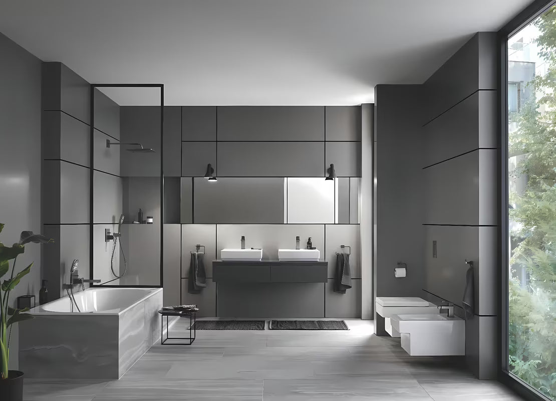 Nadglavna prha Grohe Rainshower 310 Mono Cube z držalom prhe v brušeni izvedbi Hard Graphite.