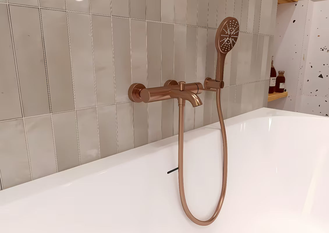 Stenski nosilec tuš ročke Grohe Rainshower s okruglom rozetom u završnoj obradi Brushed Warm Sunset.