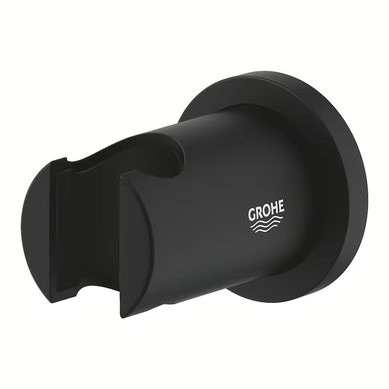 Fiksni nosilec tuš ročke Grohe Rainshower neutral z okroglo rozeto v barvi phantom black.