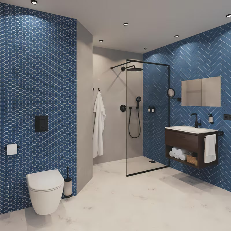 Fiksni nosilec tuš ročke Grohe Rainshower neutral z okroglo rozeto v barvi phantom black.