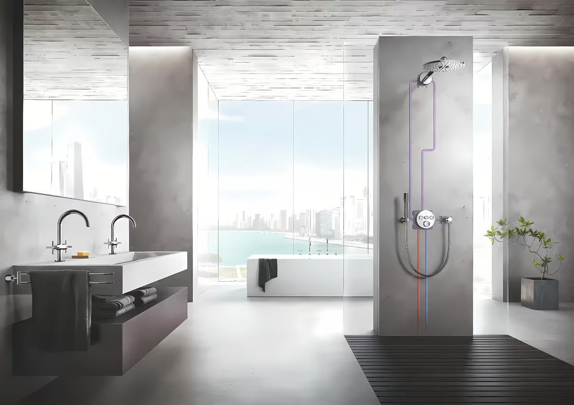 Krom nadglavna prha Grohe Rainshower smartactive 310 s tuš ročico pro za stensko montažo