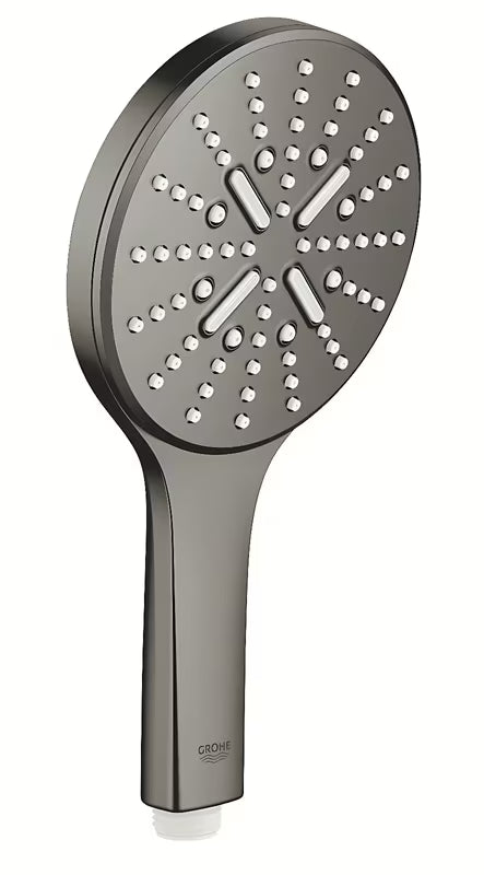 Ručni tuš Grohe Rainshower 130 SmartActive u brušenoj Hard Graphite završnoj obradi s tri vrste mlaza.