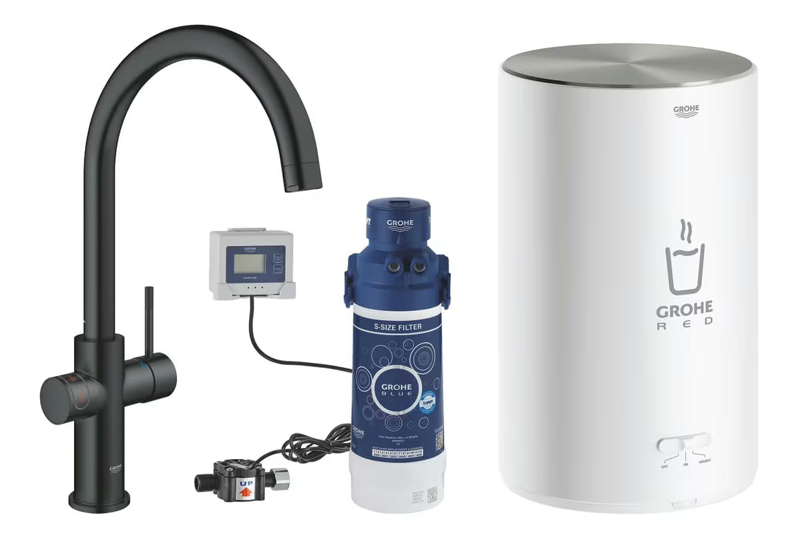 Grohe Red Duo armatura za pomivalno korito v velvet black z upravljanjem vrele vode na dotik in visokim izlivom C