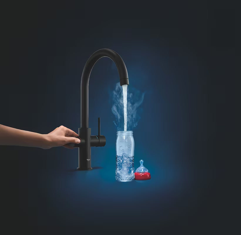 Grohe Red Duo armatura za pomivalno korito v velvet black z upravljanjem vrele vode na dotik in visokim izlivom C