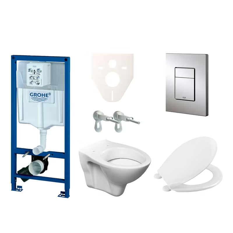 Viseči WC set S-Line Pro s modulom Grohe Rapid SL, vodokotlićem, sjedalom i tipkom u sjajnom kromu.