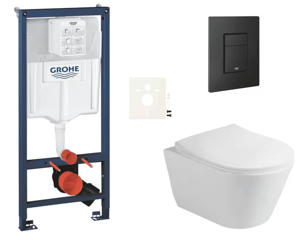 Viseči WC set Glacera Ava z instalacijskim sistemom Grohe Rapid SL, tipko Even in WC-desko mehko Zapiranje Soft Close.