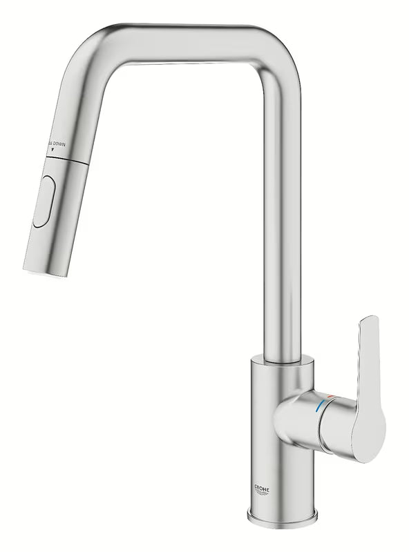 Armatura za Pomivalno Korito Grohe Start 2021 v izvedbi supersteel z visokim vrtljivim izlivom in izvlečno prho.