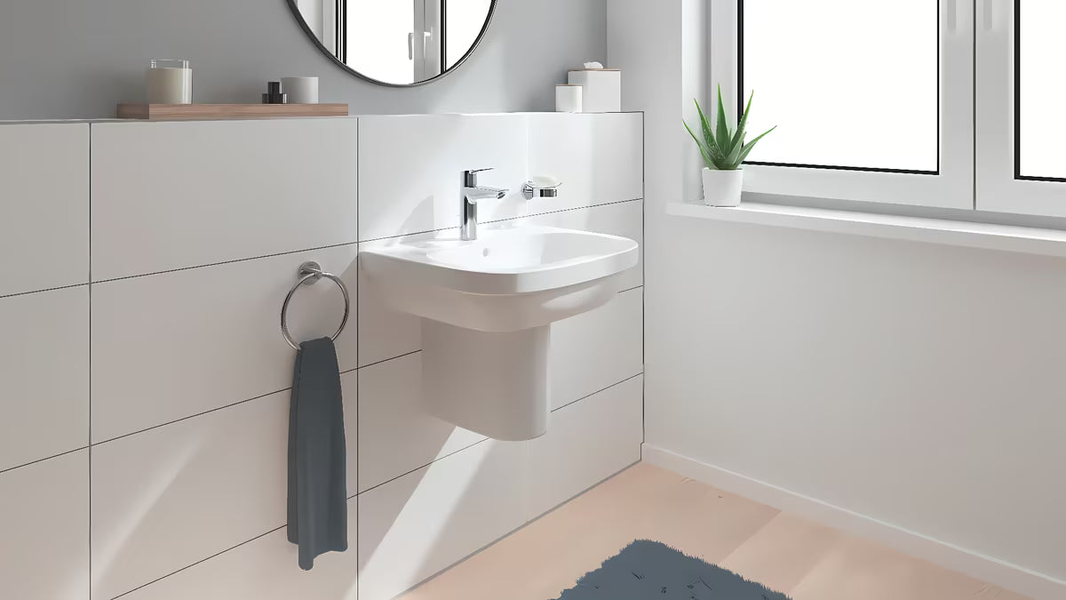 Kromirana enoročna armatura za umivalnik Grohe Start z odtokom in višjim izlivom pro za udobno umivanje.