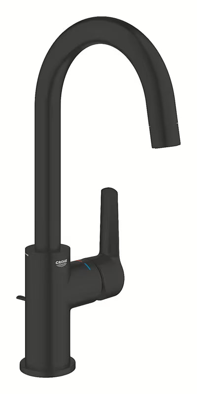 Mat črna armatura za umivalnik Grohe Start z visokim vrtljivim izlivom in izvlečnim odtokom.