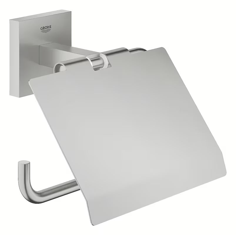 Držalo za toaletni Papir Grohe Start Cube Accessories v izvedbi supersteel s pokrovom in s skritim pritrjevanjem.