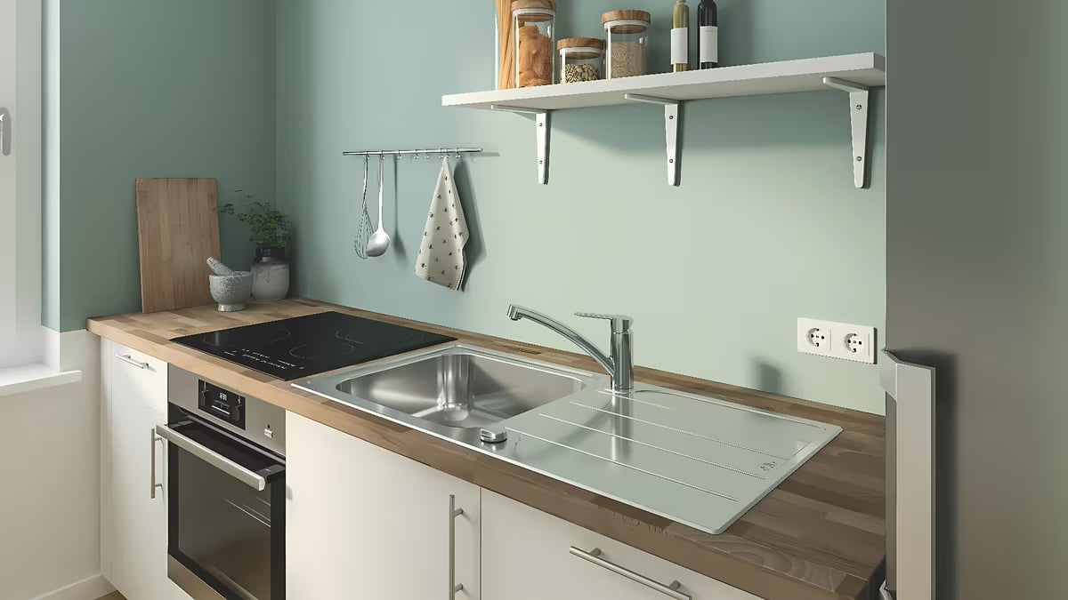 Kromirana enoročna armatura za pomivalno korito Grohe Start Eco z nizkim vrtljivim izlivom