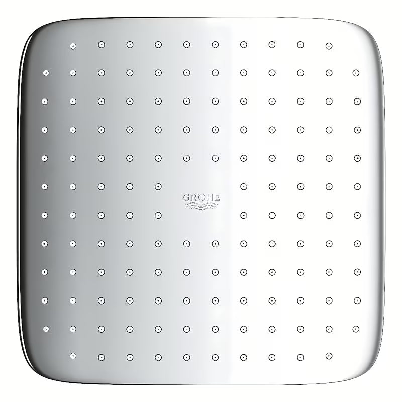 Kvadratna nadglavna prha Grohe Vitalio Comfort 250 Cube v kromu s curkom Rain in belim zadnjim pokrovom.