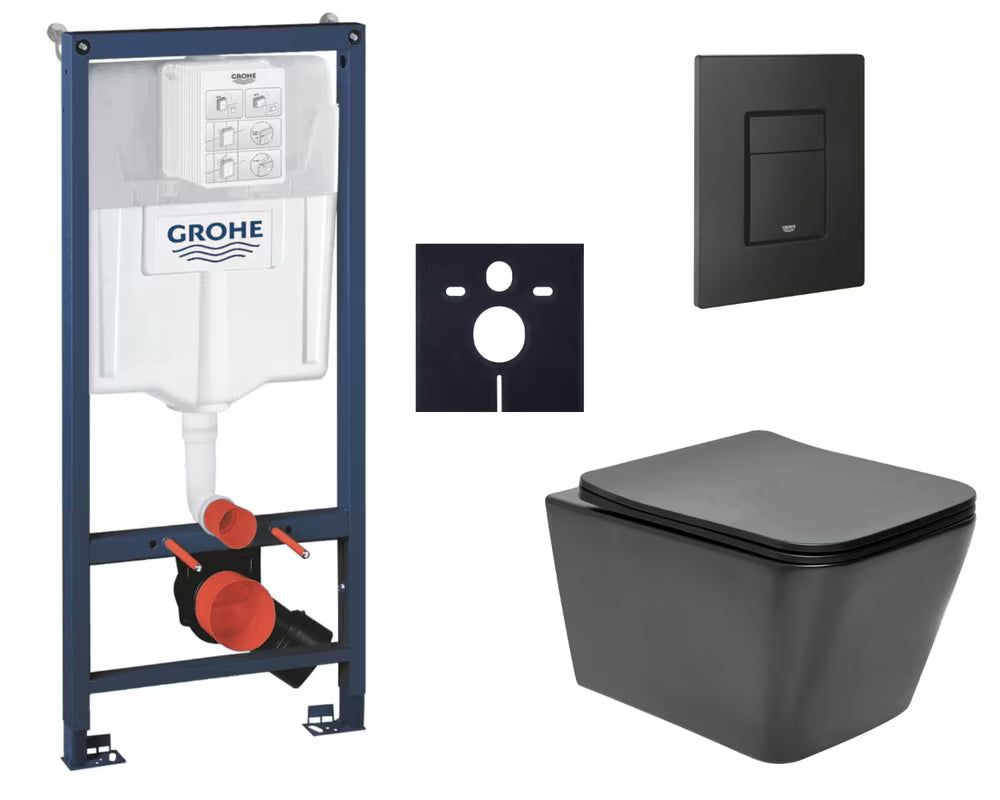 Viseči WC set SAT Infinitio s instalacijskim sustavom Grohe Rapid SL i tipkom Even phantom black
