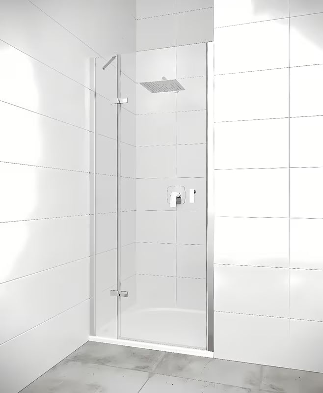 Tuš vrata Hüppe Strike New 90 cm s prozornim steklom in kromiranim profilom v brezokvirni izvedbi.