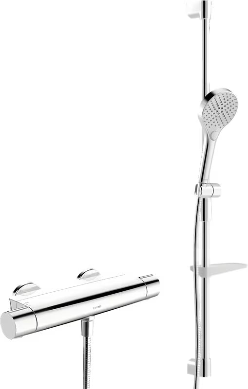 Termostatska armatura za tuš Hansa Optima u kromu s tuš setom i ručnim tušem s tri vrste mlaza.