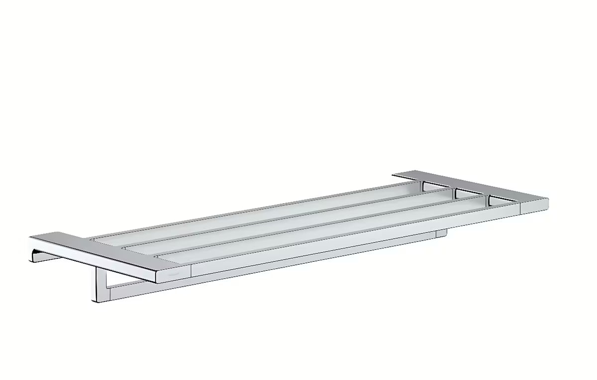 Kromirana stenska polica za ručnike Hansgrohe addstoris s donjim držačem pro za vješanje.