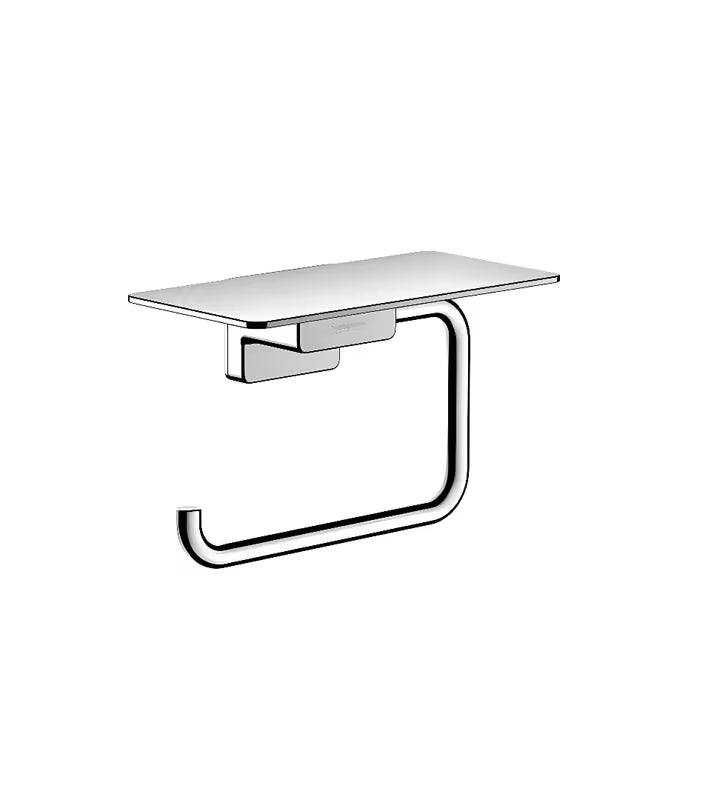 Kromirani držalo za toaletni papir Hansgrohe addstoris s integriranom policom pro za zidnu montažu.