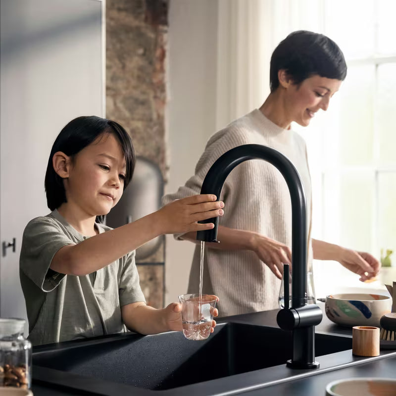 Hansgrohe Aqittura armatura za pomivalno korito v mat črni barvi z izvlečnim izlivom in gumbom pro filtrirano vodo