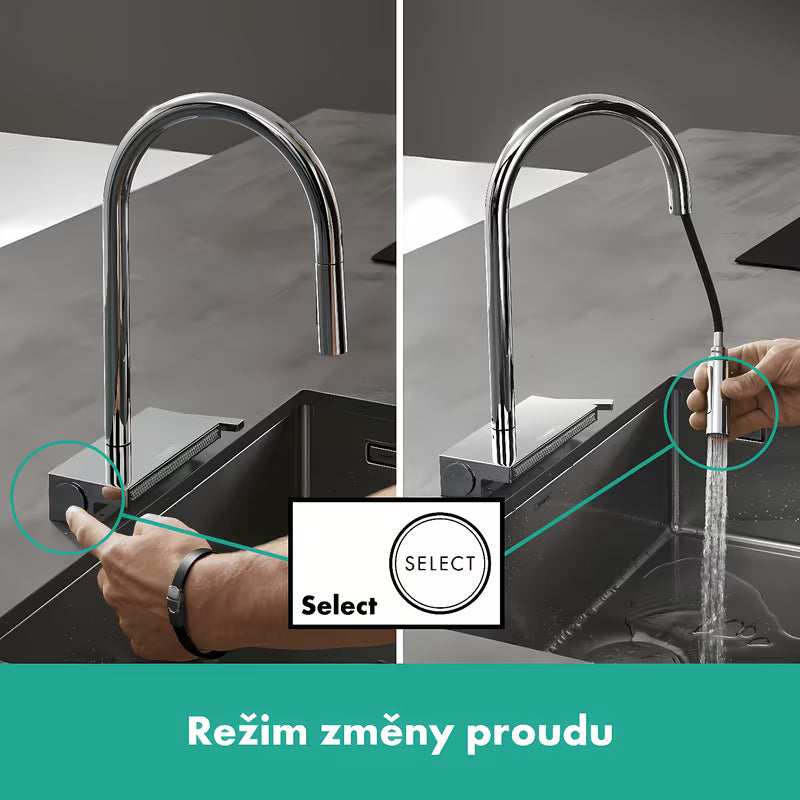 Kromirana armatura za pomivalno korito Hansgrohe Aquno z izvlečno prho s preklopom curka Select