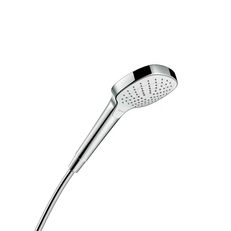 Ročna prha Hansgrohe Croma Select E Vario v izvedbi bela/krom z gumbom Select s premerom 110 mm.