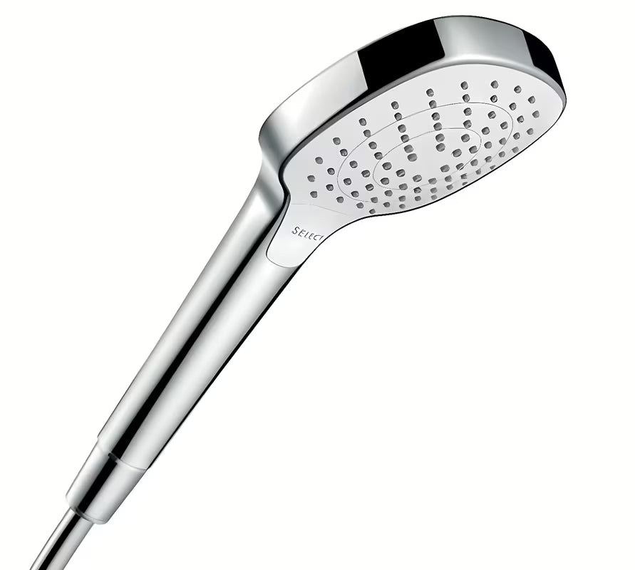 Ročna prha Hansgrohe Croma Select E v beli/krom izvedbi z gumbom Select s pršno glavo 110 mm