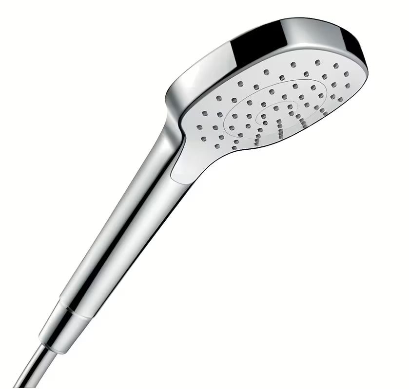 Ručni tuš Hansgrohe Croma Select E u bijeloj i krom izvedbi s mlazom Rain i promjerom 110 mm.