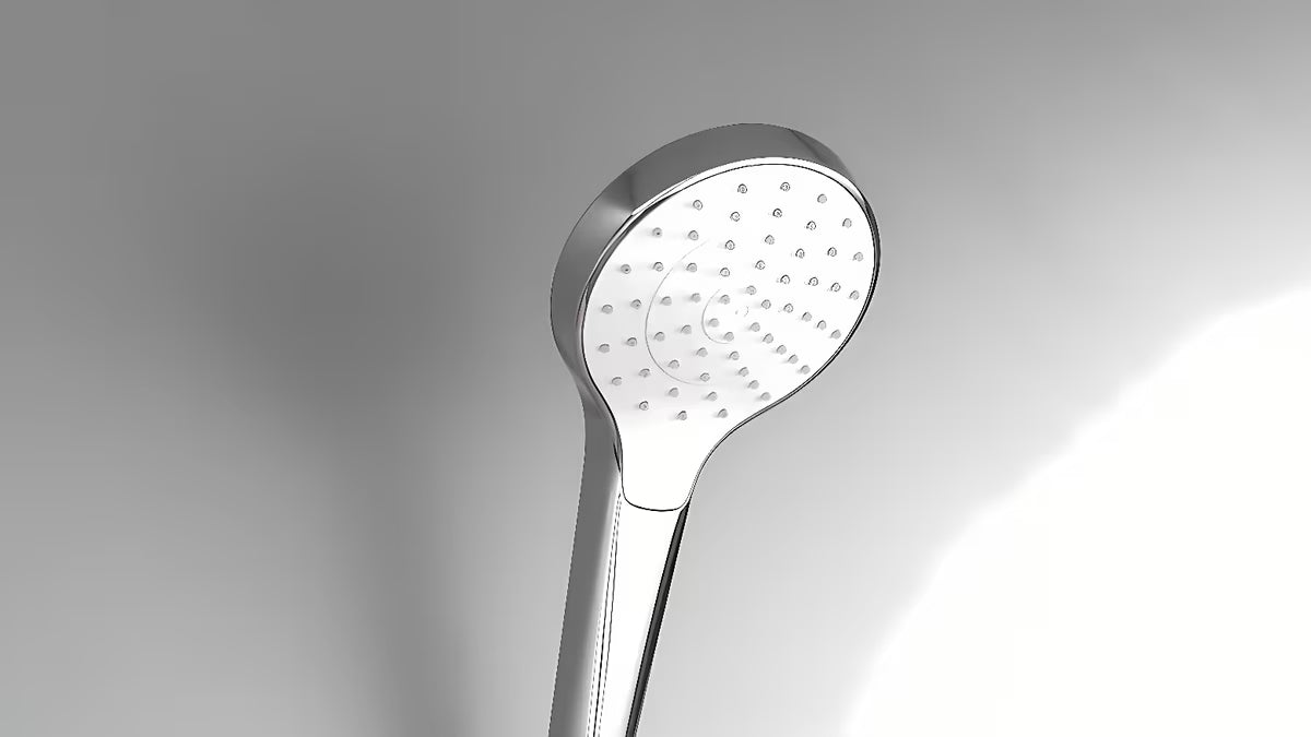 Ručni tuš Hansgrohe Croma Select S u bijeloj i kromiranoj boji s mlazom Rain i promjerom 110 mm.