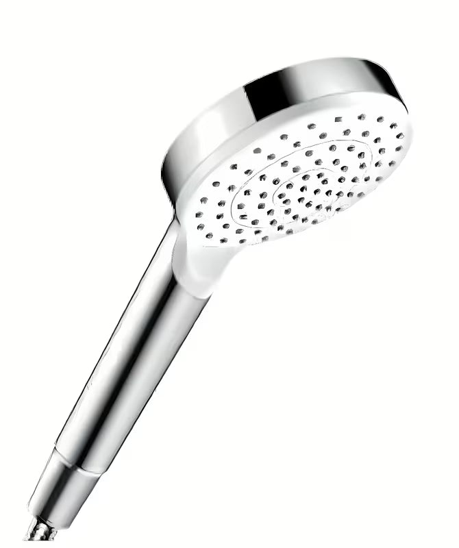 Ročna prha hansgrohe Crometta 1jet Green v belo-krom izvedbi s curkom Rain in premerom 100 mm.