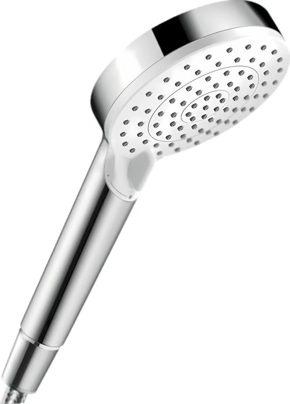 Ročna prha Hansgrohe Crometta Vario Green v belo-krom izvedbi z dvema curkoma in premerom 100 mm.