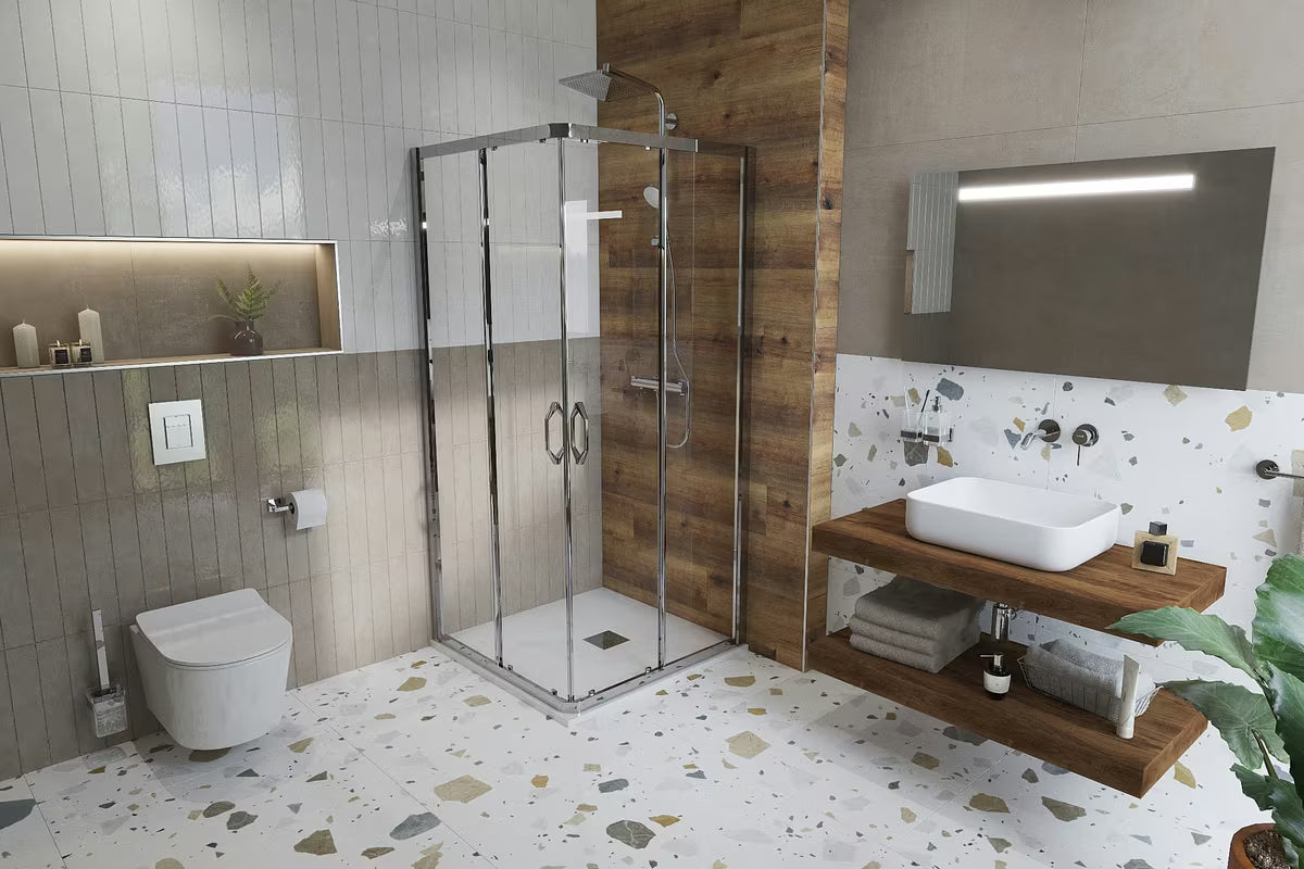 Hansgrohe Crometta E tušni sistem s termostatsko armaturo v krom izvedbi z nadglavno prho 240 mm in ročno prho