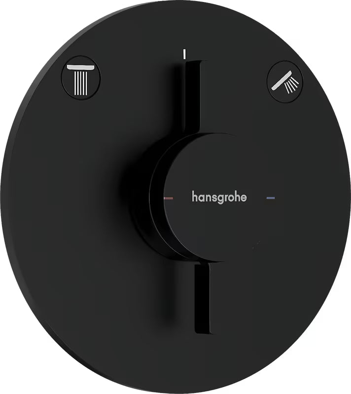 Podometna armatura za tuš Hansgrohe duoturn S v mat črni barvi pro za upravljanje dveh porabnikov.