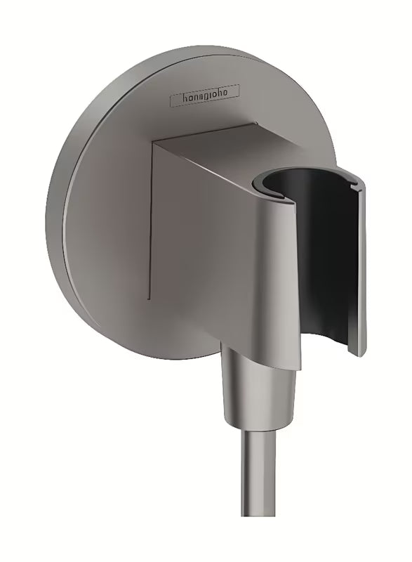 Hansgrohe fixfit S priključek za tuš cev z držalom za prho v brušeni črni krom izvedbi.