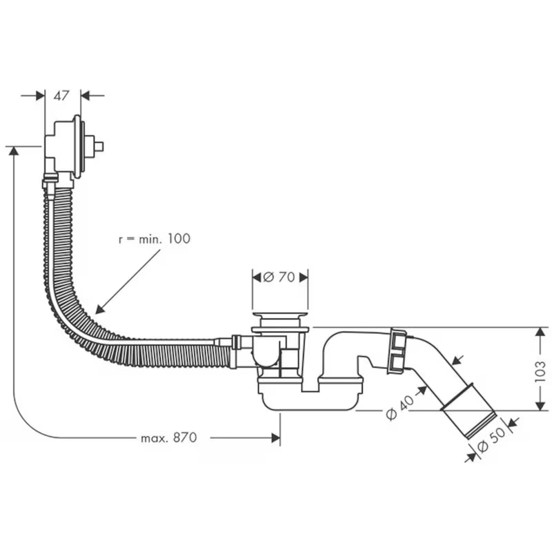 Hansgrohe Flexaplus sifon za kad avtomatik – osnovno telo pro posebni kadi s prelivom in odtokom