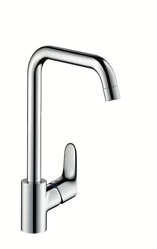 Kromirana nizkotlačna armatura za pomivalno korito Hansgrohe Focus M41 z vrtljivim izlivom pro za odprti grelnik vode.