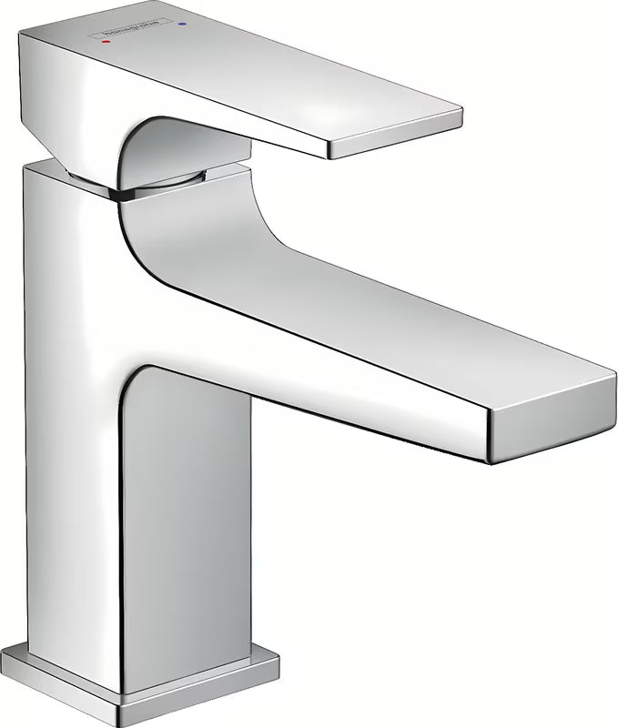 Kromirana enoročna armatura za umivalnik Hansgrohe Metropol z odtokom push-open in oglato zasnovo.