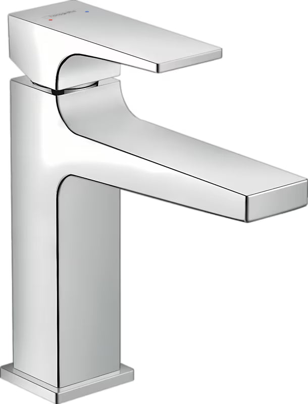 Kromirana enoročna armatura za umivalnik Hansgrohe Metropol z odtokom in oglato zasnovo
