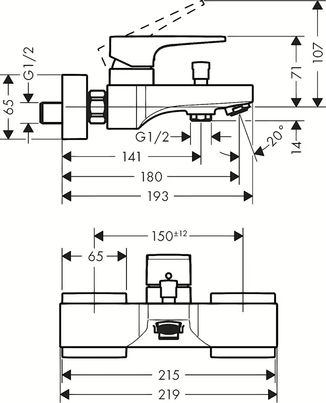Kromirana enoročna armatura za kad hansgrohe Metropol za zidnu montažu s preklopnikom između kade i tuša.