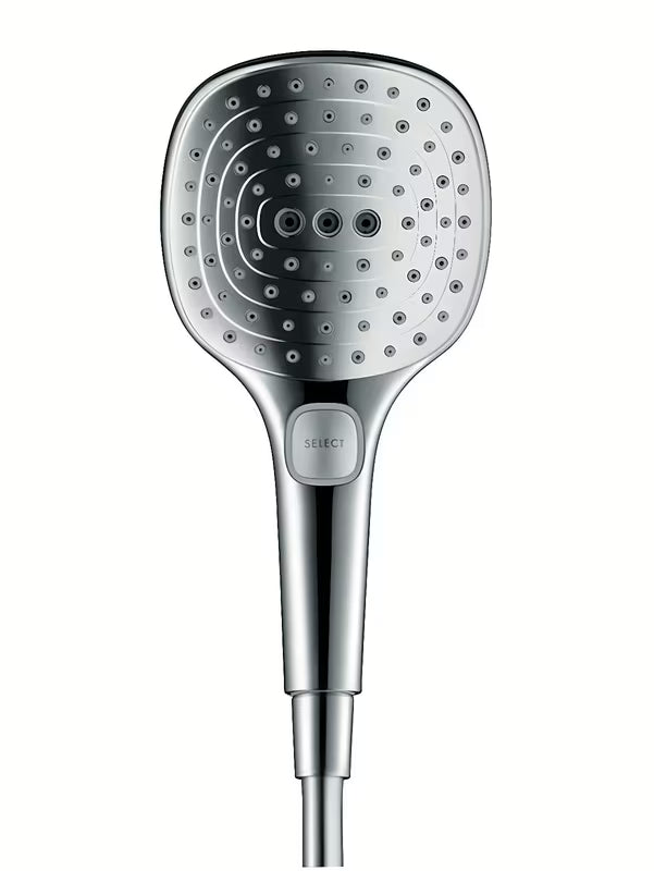 Ročna prha tuš ročka Hansgrohe Raindance Select E v izvedbi bela/krom z gumbom Select