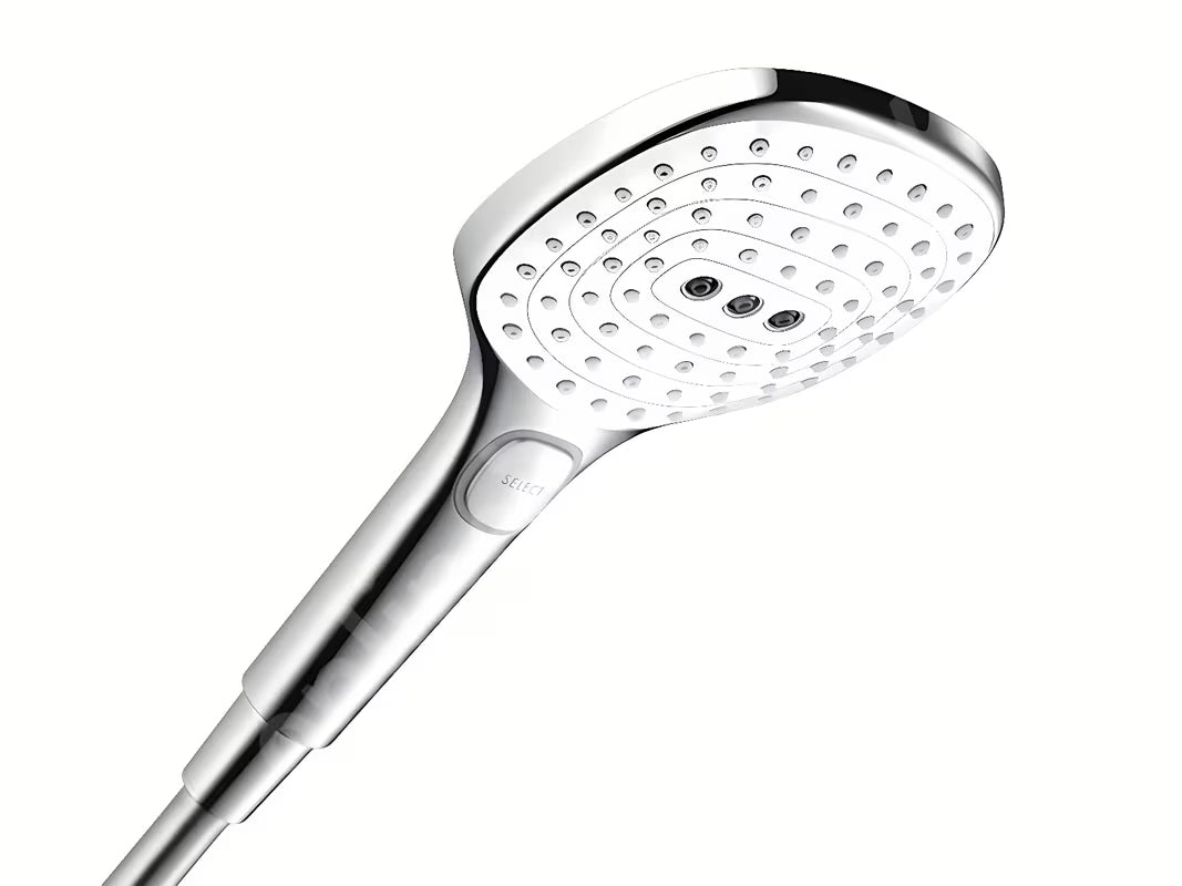 Ročna prha Hansgrohe Raindance Select E bela/krom z gumbom Select in tremi curki