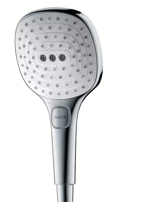 Ročna prha Hansgrohe Raindance Select E bela/krom z gumbom Select in tremi curki