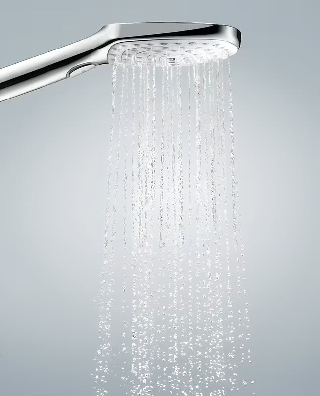 Ročna prha Hansgrohe Raindance Select E bela/krom z gumbom Select in tremi curki